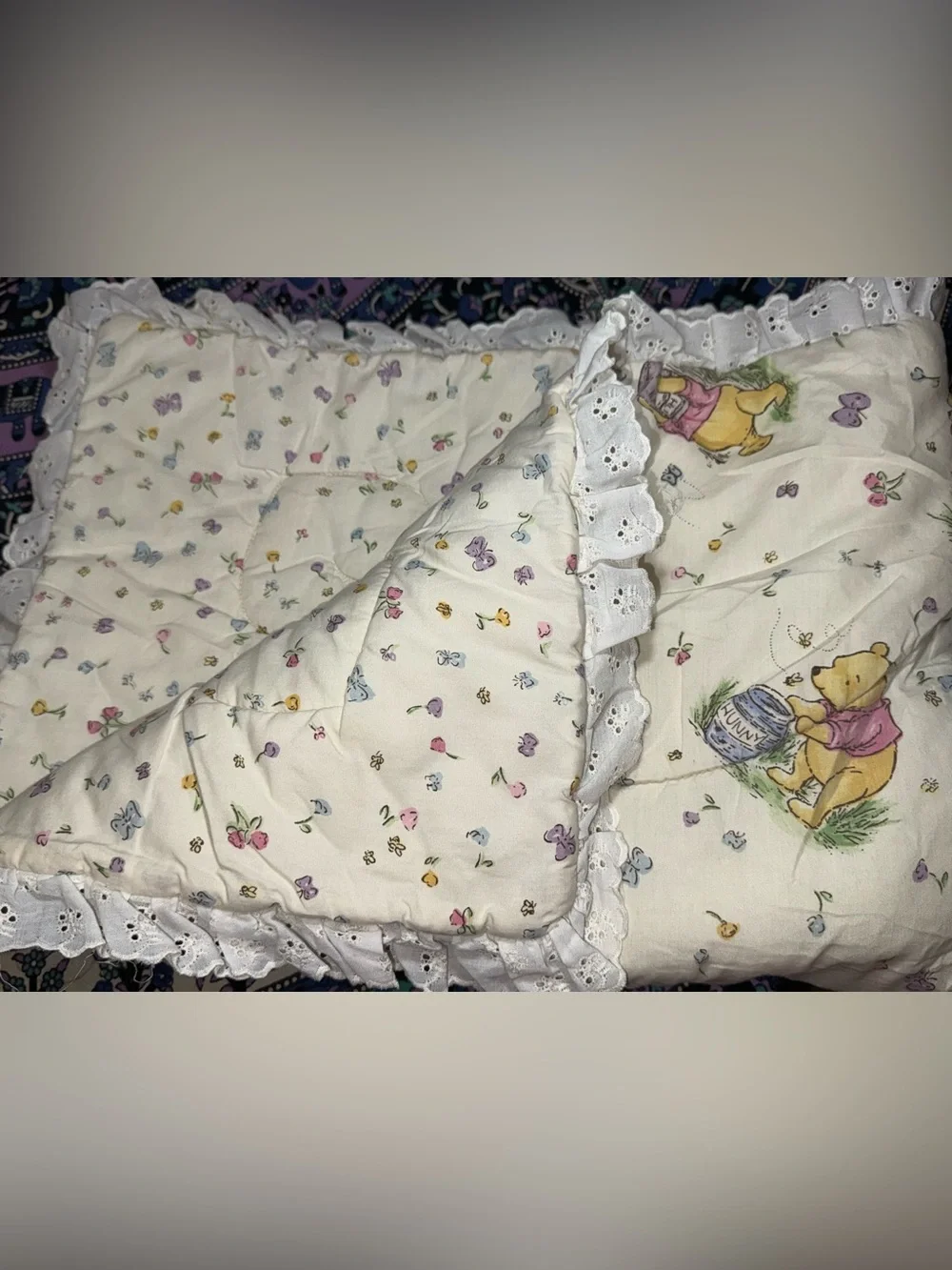 Disney Winnie the Pooh Cream Throw with Pastel Accents and Lace Trim